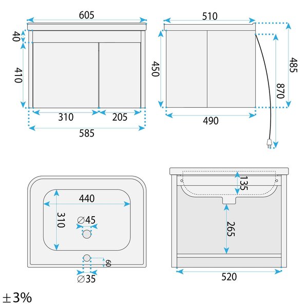 Bathroom furniture set with washbasin Sora DE07-70 Oak 70CM