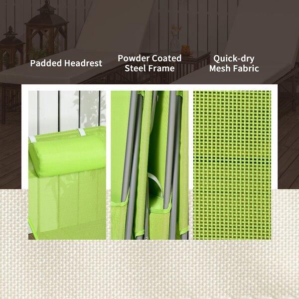 Outsunny Reclining Sun Lounger, Set of 2, Folding Outdoor Day Bed with Pillow, Steel Frame, Breathable Mesh, Green Aosom UK