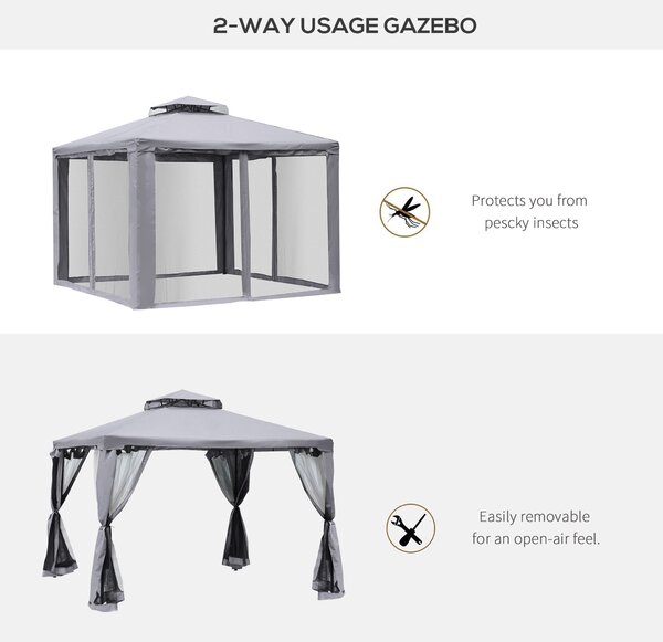 Outsunny 3x3m Waterproof Metal Garden Gazebo, Heavy-Duty 2-Tier Roof Party Marquee Event Shelter with Mesh Netting, Grey Aosom UK
