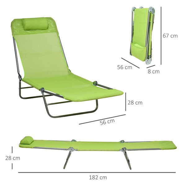 Outsunny Reclining Sun Lounger, Set of 2, Folding Outdoor Day Bed with Pillow, Steel Frame, Breathable Mesh, Green Aosom UK