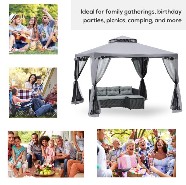 Outsunny 3x3m Waterproof Metal Garden Gazebo, Heavy-Duty 2-Tier Roof Party Marquee Event Shelter with Mesh Netting, Grey Aosom UK
