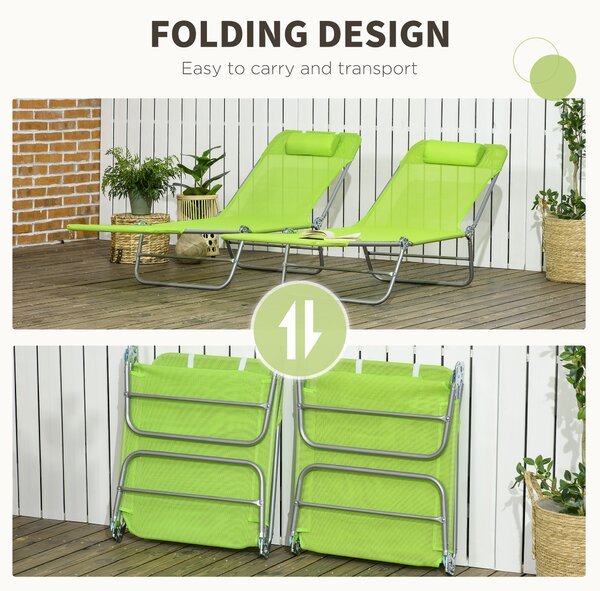 Outsunny Reclining Sun Lounger, Set of 2, Folding Outdoor Day Bed with Pillow, Steel Frame, Breathable Mesh, Green Aosom UK