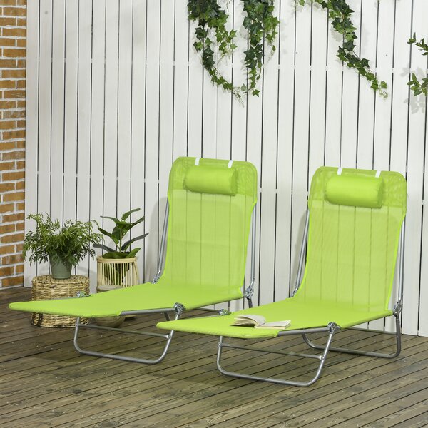 Outsunny Reclining Sun Lounger, Set of 2, Folding Outdoor Day Bed with Pillow, Steel Frame, Breathable Mesh, Green Aosom UK