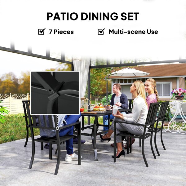Outsunny 7-Piece Garden Dining Set: 6 Seater Table & Chairs with Parasol Hole for Patio or Poolside, Black