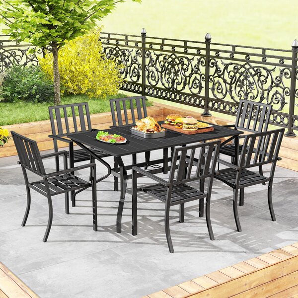 Outsunny 7-Piece Garden Dining Set: 6 Seater Table & Chairs with Parasol Hole for Patio or Poolside, Black