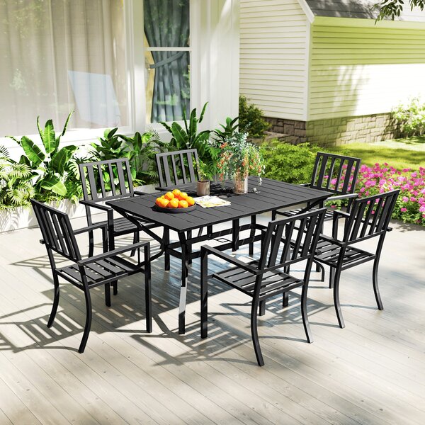 Outsunny 7-Piece Garden Dining Set: 6 Seater Table & Chairs with Parasol Hole for Patio or Poolside, Black