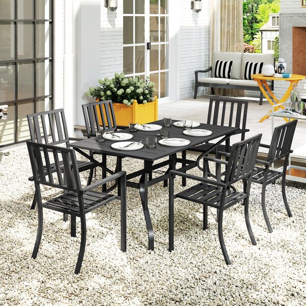 Outsunny 7-Piece Garden Dining Set: 6 Seater Table & Chairs with Parasol Hole for Patio or Poolside, Black