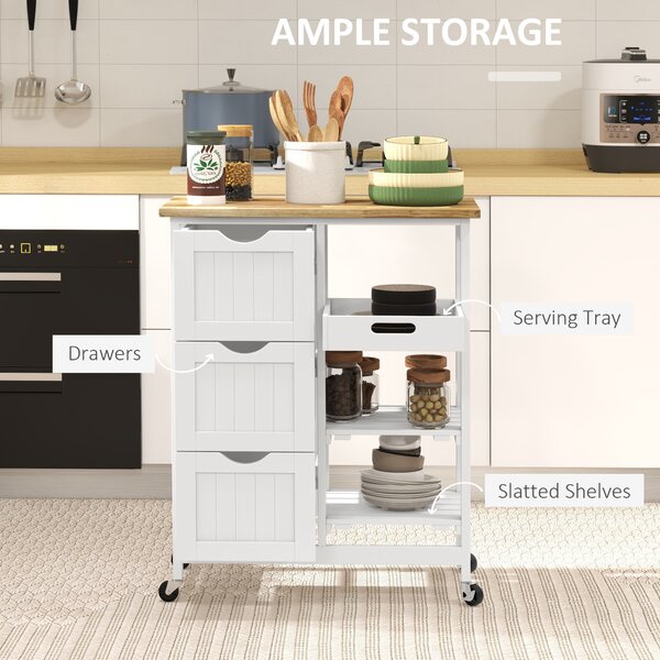 HOMCOM Rolling Kitchen Island Cart, Bar Serving Cart, Compact Trolley on Wheels with Wood Top, Shelves & Drawers for Home Dining, White Aosom UK