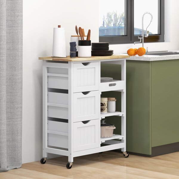 HOMCOM Rolling Kitchen Island Cart, Bar Serving Cart, Compact Trolley on Wheels with Wood Top, Shelves & Drawers for Home Dining, White Aosom UK