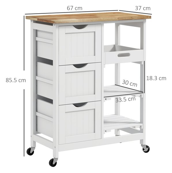 HOMCOM Rolling Kitchen Island Cart, Bar Serving Cart, Compact Trolley on Wheels with Wood Top, Shelves & Drawers for Home Dining, White Aosom UK