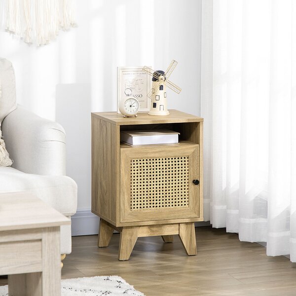 HOMCOM Bedside Cabinet with Rattan Detail, Side Table with Shelf & Cupboard, 39x35x60cm, Natural Aosom UK
