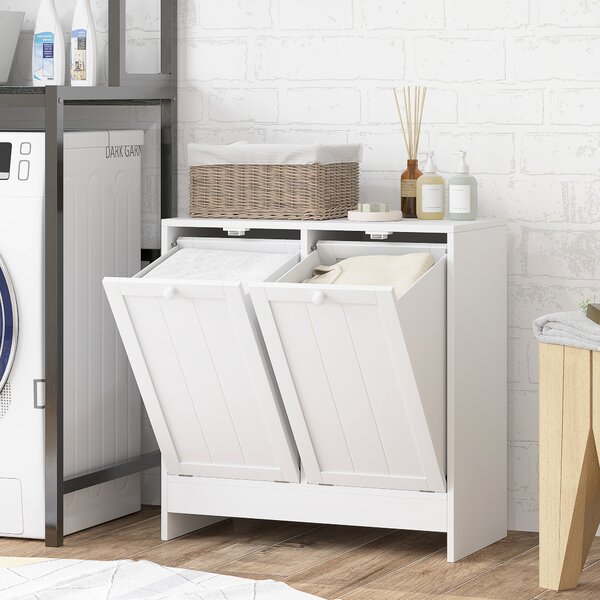 Kleankin Tilt-Out Laundry Cabinet, Modern Bathroom Cabinet with 2 Compartments for Bathroom Washroom, White Aosom UK
