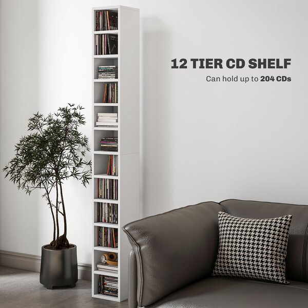HOMCOM 204 CD Storage Unit, DVD Storage Tower with 12 Cubes, 175cm Tall Bookcase for Living Room, Home Office, Study Room, White Aosom UK