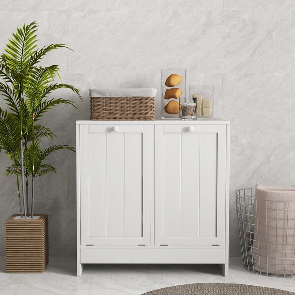 Kleankin Tilt-Out Laundry Cabinet, Modern Bathroom Cabinet with 2 Compartments for Bathroom Washroom, White Aosom UK