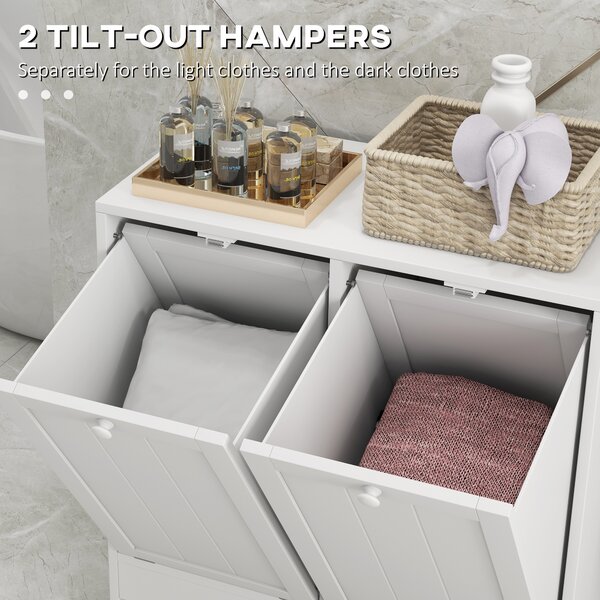 Kleankin Tilt-Out Laundry Cabinet, Modern Bathroom Cabinet with 2 Compartments for Bathroom Washroom, White Aosom UK