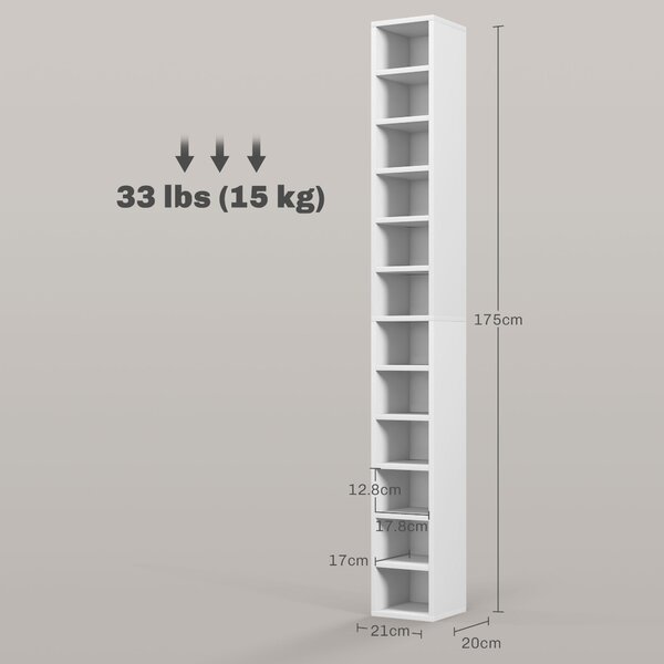 HOMCOM 204 CD Storage Unit, DVD Storage Tower with 12 Cubes, 175cm Tall Bookcase for Living Room, Home Office, Study Room, White Aosom UK