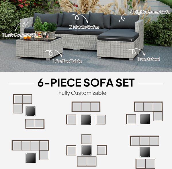 Outsunny 6 Pieces Rattan Corner Sofa Set - Mixed Grey