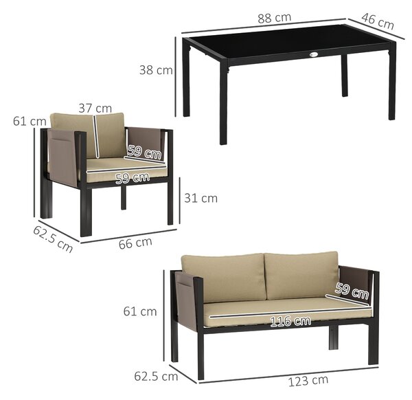Outsunny 4 Piece Metal Garden Furniture Set with Tempered Glass Coffee Table, Texteline Pocket, Outdoor Set Loveseat Single Armchairs with Padded Cushions, Khaki