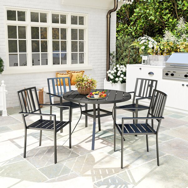 Outsunny 4 PCs Patio Dining Chairs with Metal Slatted Design, Black