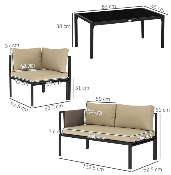 Outsunny 4 Piece Metal Garden Furniture Set with Tempered Glass Coffee Table, Breathable Mesh Pocket, Outdoor Conversational Corner Sofa Loveseat with Padded Cushions, Khaki