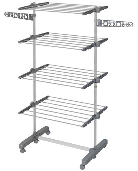 HOMCOM 4-Tier Clothes Airer, Foldable Clothes Drying Rack, Stainless Steel Clothes Dryer with Wheels & Wings, Easy Assembly Aosom UK