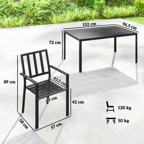Outsunny 7 Pieces Garden Dining Set, Outdoor Table and 6 Stackable Chairs, Metal Top Table with Umbrella Hole, Black