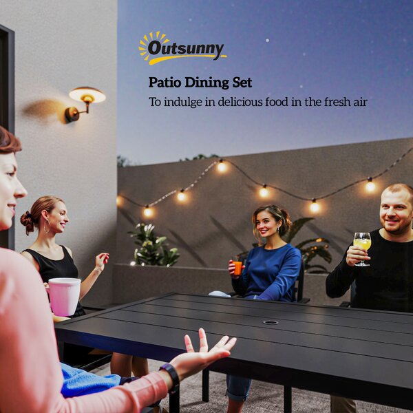 Outsunny 7 Pieces Garden Dining Set, Outdoor Table and 6 Stackable Chairs, Metal Top Table with Umbrella Hole, Black