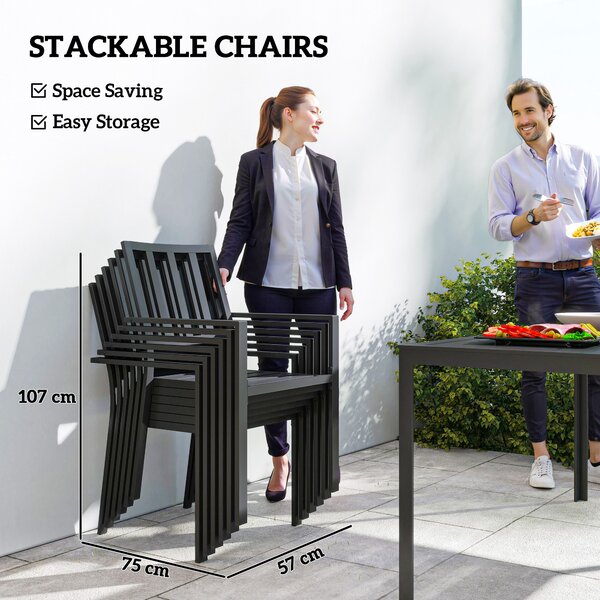Outsunny 7 Pieces Garden Dining Set, Outdoor Table and 6 Stackable Chairs, Metal Top Table with Umbrella Hole, Black