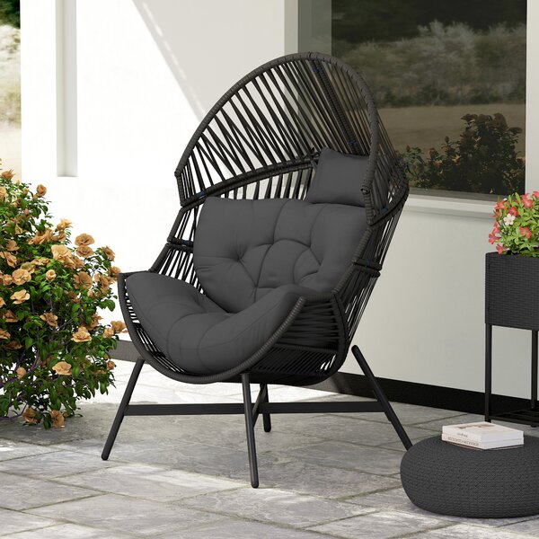Outsunny Standing Rattan Egg Chair Outdoor, Oversized Wicker Garden Egg Chair with Thick Tufted Cushion, Headrest, Steel Frame, Charcoal Grey