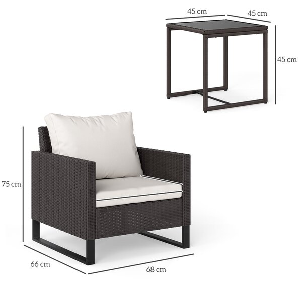 Outsunny 3 Pieces Rattan Bistro Set with 4 Cushions, Wicker Garden Furniture Set, Glass Top Coffee Table and Chairs for Outdoor Patio, Balcony, Terrace and Conservatory, Brown