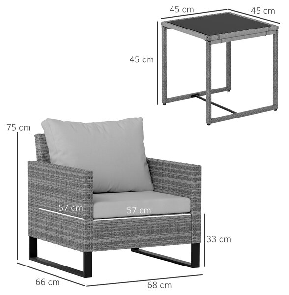 Outsunny 3 Pieces Rattan Bistro Set with 4 Cushions, Wicker Garden Furniture Set, Glass Top Coffee Table and Chairs for Outdoor Patio, Balcony, Terrace and Conservatory, Grey