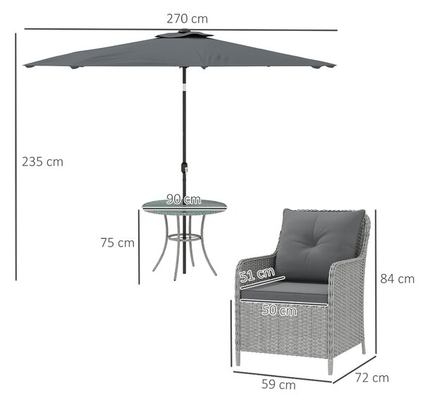 Outsunny 4 Seater Rattan Dining Set with Parasol & Cushions - Light Grey