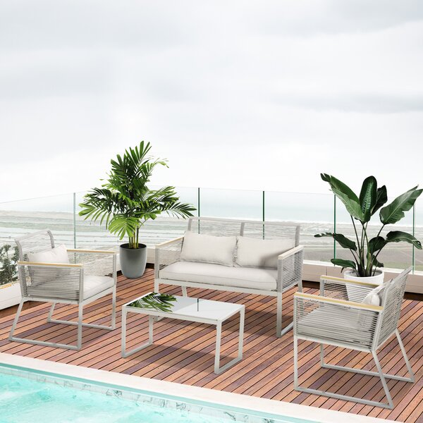 Outsunny 4-Seater Patio Wicker Sofa Set, Outdoor Metal Frame Wrapped Round PE Rattan Conservatory Furniture w/ Cushions, Tempered Glass Table, Grey