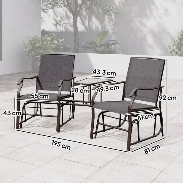 Outsunny Garden Double Glider Rocking Chairs Gliding Love Seat with Middle Table Conversation Set Patio Backyard Relax Outdoor Furniture Grey