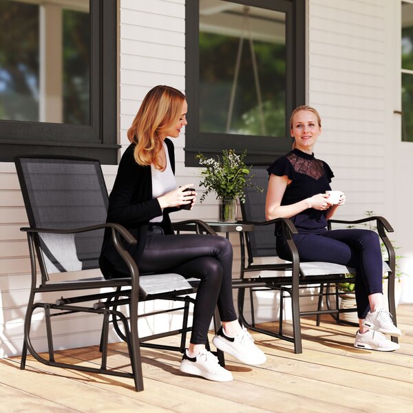 Outsunny Garden Double Glider Rocking Chairs Gliding Love Seat with Middle Table Conversation Set Patio Backyard Relax Outdoor Furniture Grey
