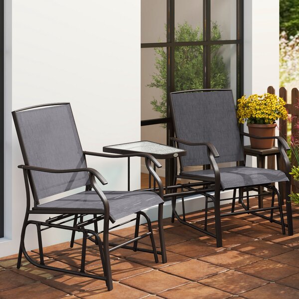 Outsunny Garden Double Glider Rocking Chairs Gliding Love Seat with Middle Table Conversation Set Patio Backyard Relax Outdoor Furniture Grey