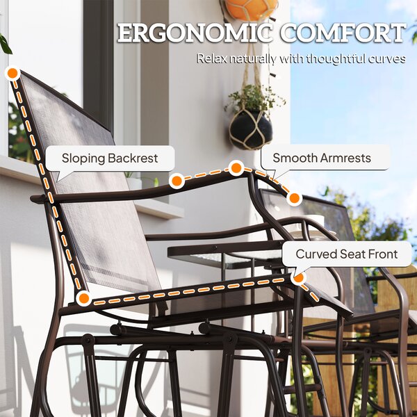 Outsunny Garden Double Glider Rocking Chairs Gliding Love Seat with Middle Table Conversation Set Patio Backyard Relax Outdoor Furniture Grey