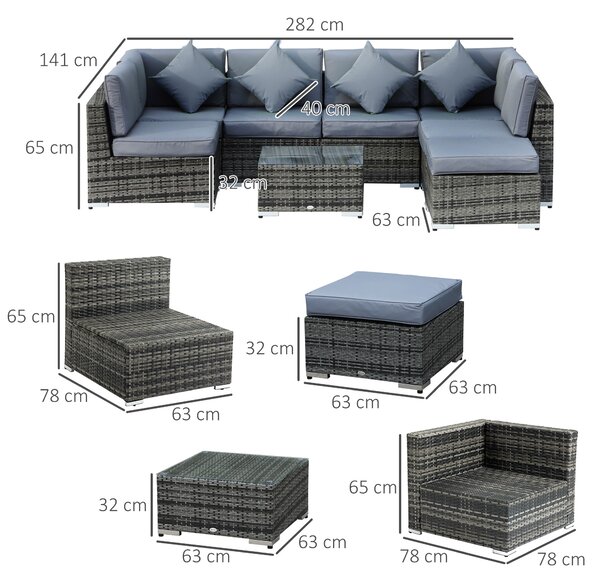 Outsunny 7-Seater Rattan Sofa Set Garden Furniture Aluminium Patio Set Wicker Seater w/Table, Grey