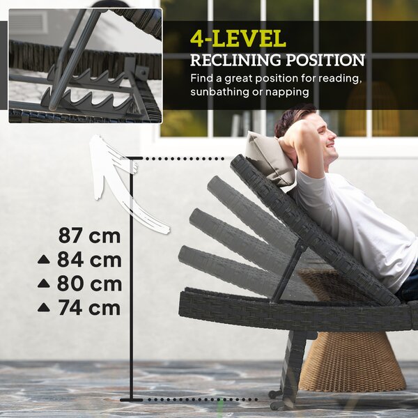 Outsunny Outdoor PE Rattan Sun Lounger with 4-Level Adjustable Backrest, Non-Slip Legs for Balcony, Beach, Black Aosom UK