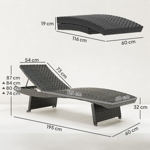 Outsunny Outdoor PE Rattan Sun Lounger with 4-Level Adjustable Backrest, Non-Slip Legs for Balcony, Beach, Black Aosom UK