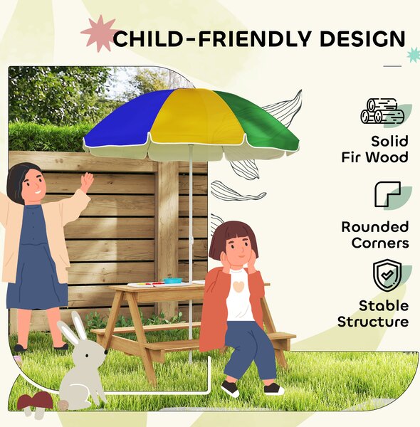 AIYAPLAY Kids Picnic Table, Sand and Water Table with Wooden Benches, Adjustable Parasol and Storage Bins, Multicolour
