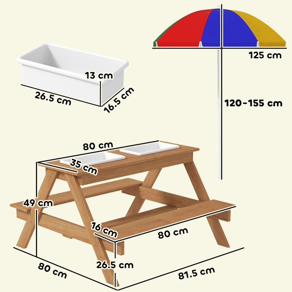 AIYAPLAY Kids Picnic Table, Sand and Water Table with Wooden Benches, Adjustable Parasol and Storage Bins, Multicolour