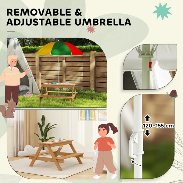 AIYAPLAY Kids Picnic Table, Sand and Water Table with Wooden Benches, Adjustable Parasol and Storage Bins, Multicolour