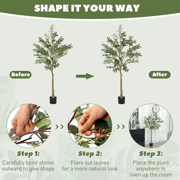 HOMCOM Set of 2 5ft/ 150cm Decorative Artificial Plant, Silk Olive Tree with 720 Leaves and 32 Olive Fruits in Pot, Fake Plant for Home, Office, Living Room, Indoor Decor
