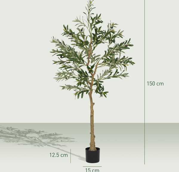 HOMCOM Set of 2 5ft/ 150cm Decorative Artificial Plant, Silk Olive Tree with 720 Leaves and 32 Olive Fruits in Pot, Fake Plant for Home, Office, Living Room, Indoor Decor