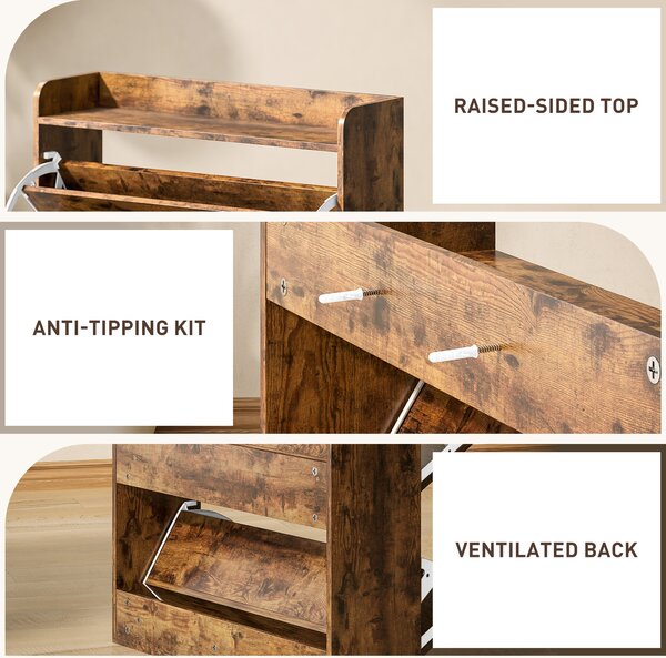 HOMCOM Two Flip Drawer Narrow Shoe Cabinet with Adjustable Shelves - Rustic Brown