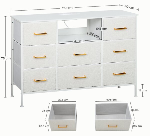HOMCOM Boucle Chest of Drawers, 8 Fabric Drawers Storage Organiser with Charging Station, 2 USB and 2 AC Ports, Steel Frame, Fabric Dresser for Living Room, Bedroom, Hallway, Cream White