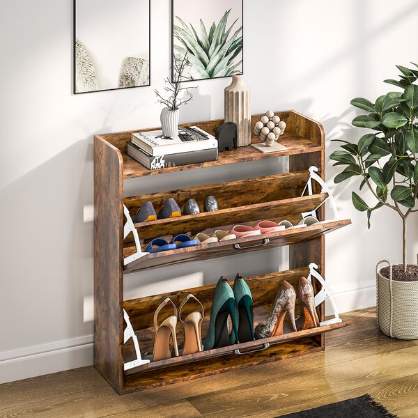 HOMCOM Two Flip Drawer Narrow Shoe Cabinet with Adjustable Shelves - Rustic Brown