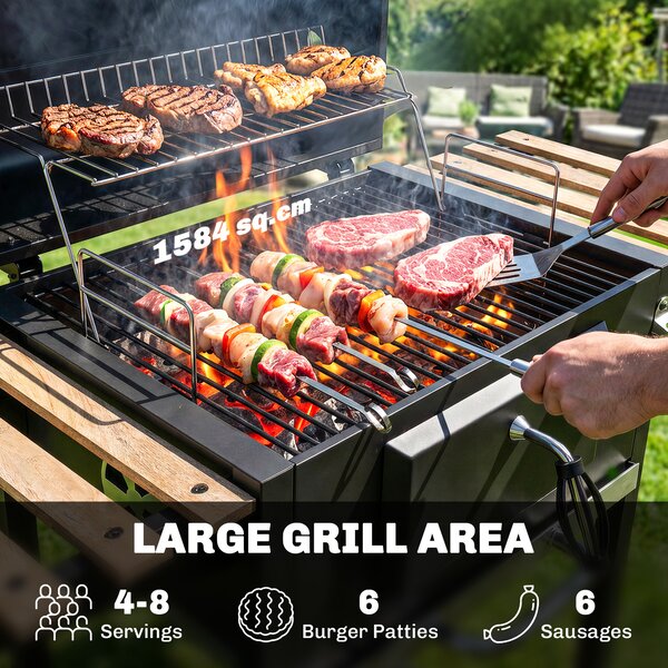 Outsunny Charcoal BBQ Grill with Height Adjustable Charcoal Pan, Portable Barbecue Smoker with Warming Rack, 3 Shelves, Temperature Gauge, Wheels, Bottle Opener for Outdoor Cooking Garden Party