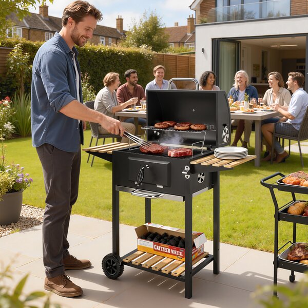Outsunny Charcoal BBQ Grill with Height Adjustable Charcoal Pan, Portable Barbecue Smoker with Warming Rack, 3 Shelves, Temperature Gauge, Wheels, Bottle Opener for Outdoor Cooking Garden Party